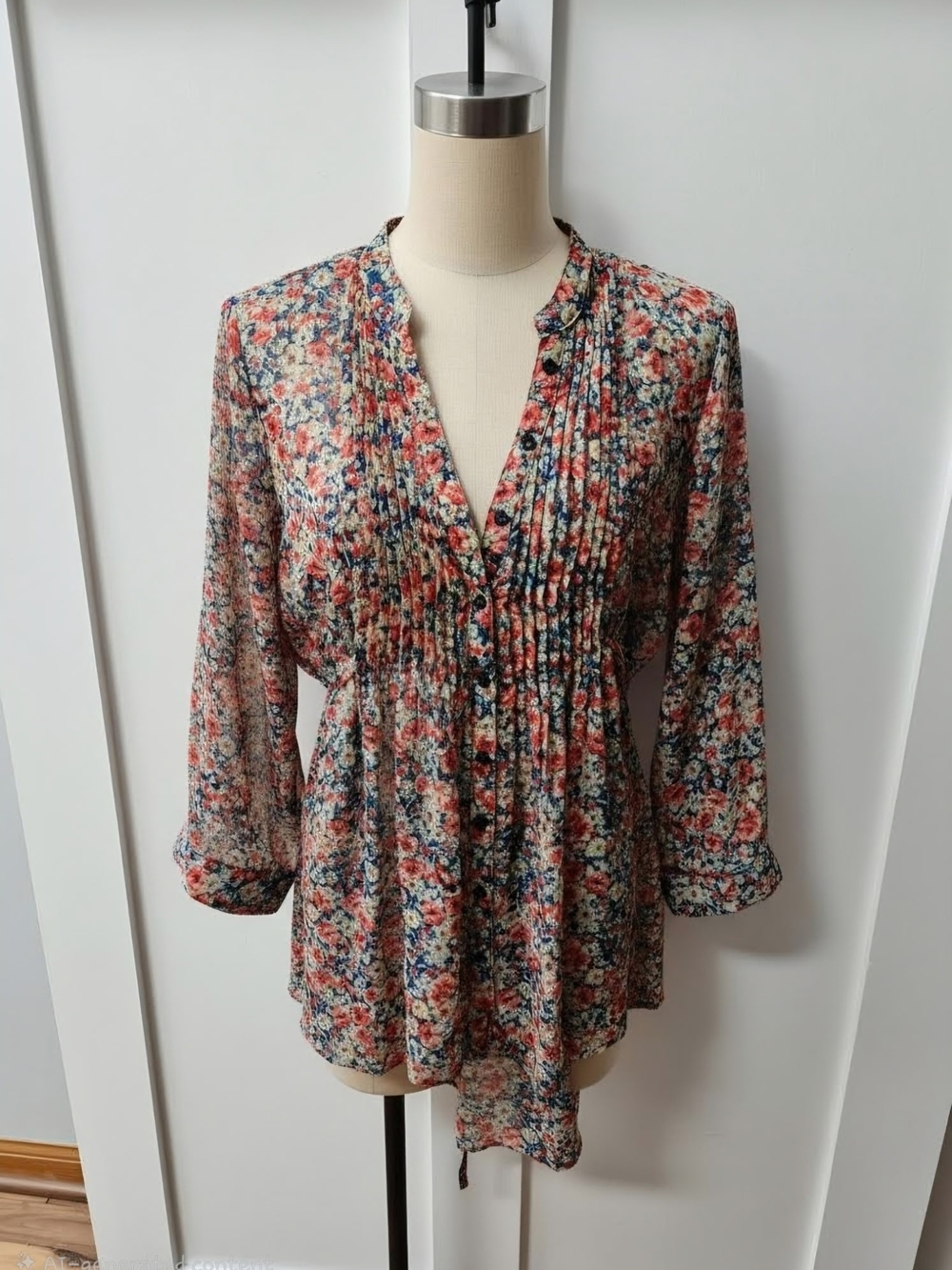 Weavers Floral Pintuck Tunic Blouse - Cream, Coral & Navy